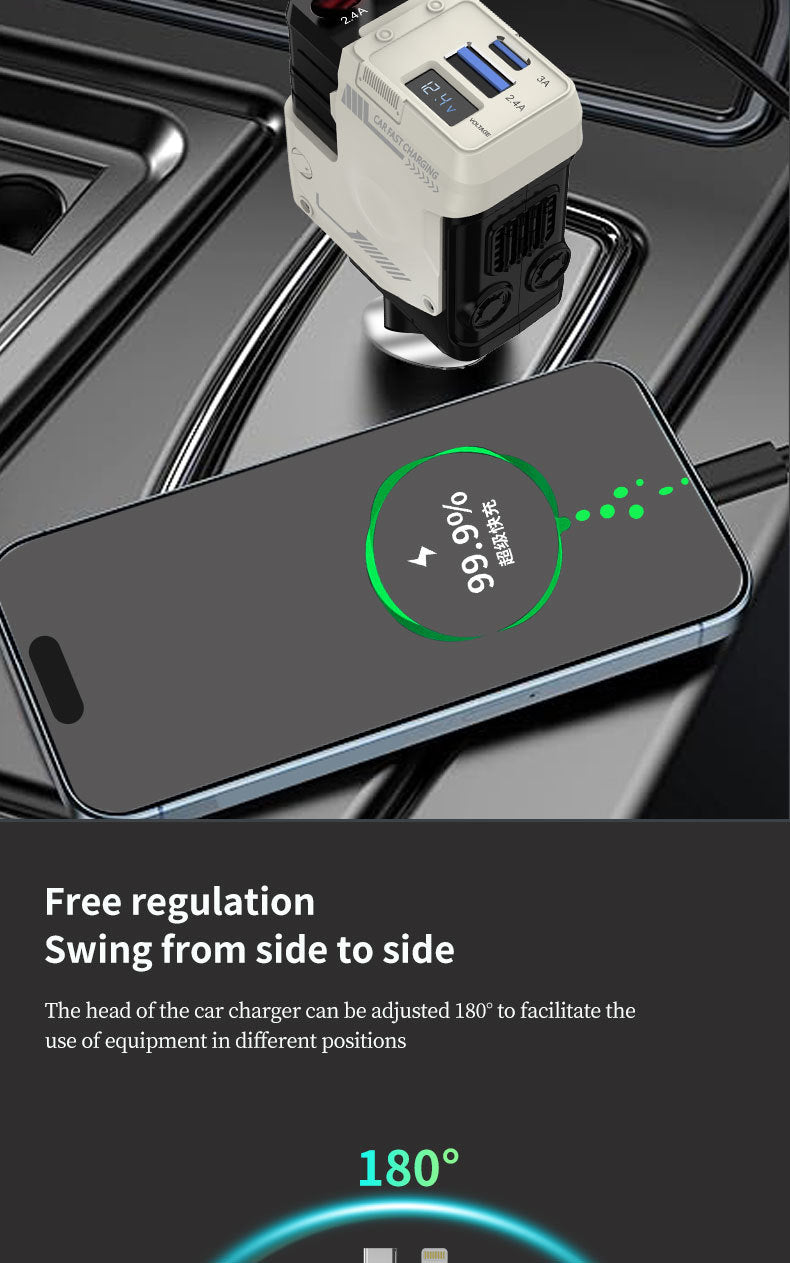 4-in-1 Retractable Car Charger Adapter - 120W Fast Charging with Dual Integrated Cables (USB-C & Lightning) & Digital Display