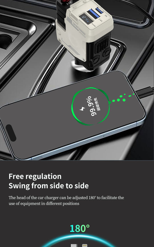 4-in-1 Retractable Car Charger Adapter - 120W Fast Charging with Dual Integrated Cables (USB-C & Lightning) & Digital Display