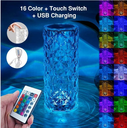Crystal Rose Diamond Lamp - 16 Color LED Projector with Touch & Remote Control