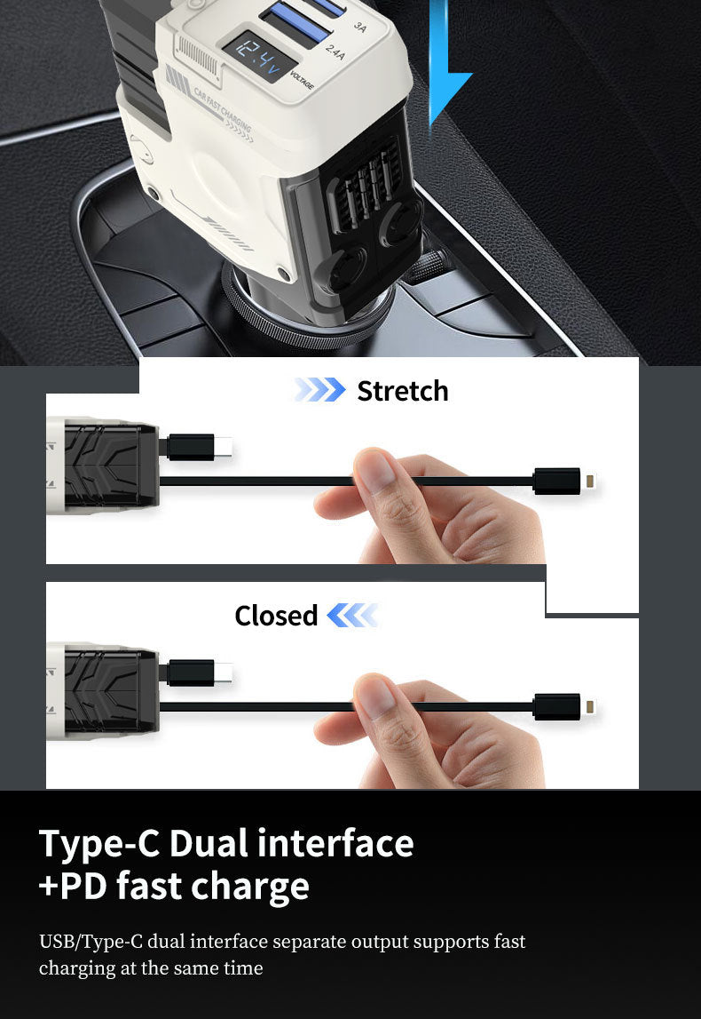 4-in-1 Retractable Car Charger Adapter - 120W Fast Charging with Dual Integrated Cables (USB-C & Lightning) & Digital Display