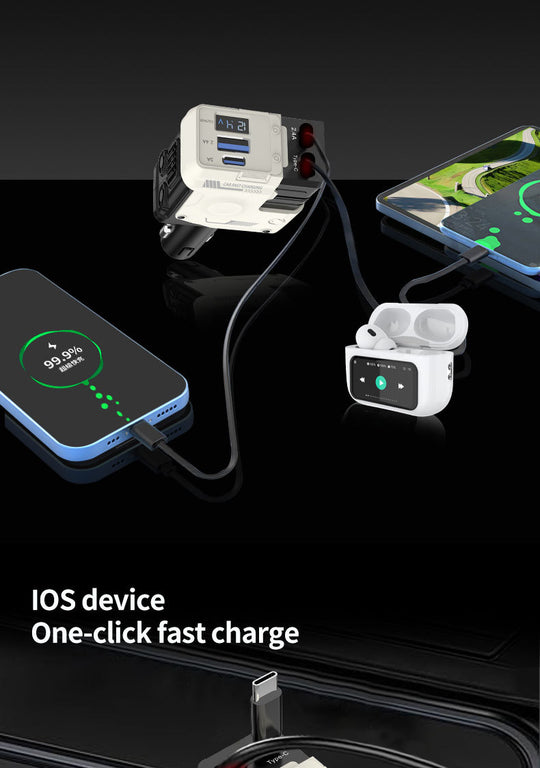 4-in-1 Retractable Car Charger Adapter - 120W Fast Charging with Dual Integrated Cables (USB-C & Lightning) & Digital Display