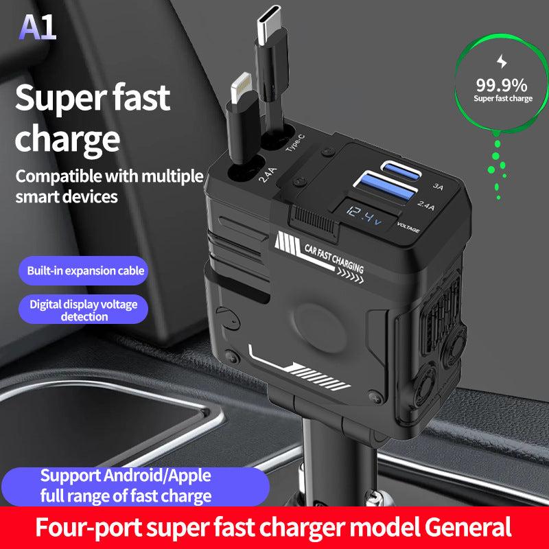 4-in-1 Retractable Car Charger Adapter - 120W Fast Charging with Dual Integrated Cables (USB-C & Lightning) & Digital Display