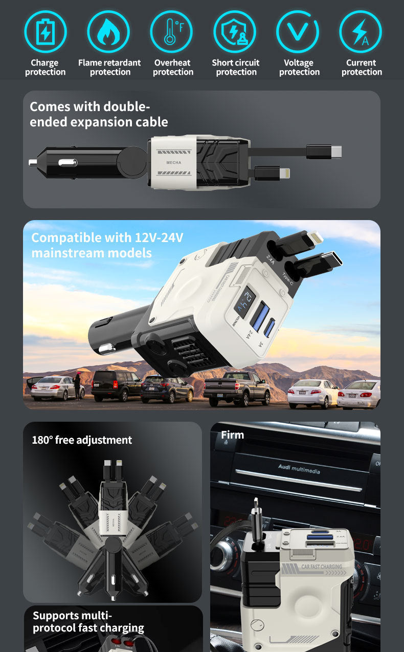 4-in-1 Retractable Car Charger Adapter - 120W Fast Charging with Dual Integrated Cables (USB-C & Lightning) & Digital Display