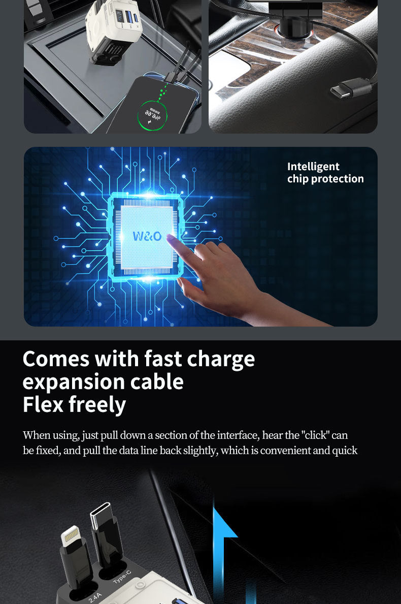 4-in-1 Retractable Car Charger Adapter - 120W Fast Charging with Dual Integrated Cables (USB-C & Lightning) & Digital Display